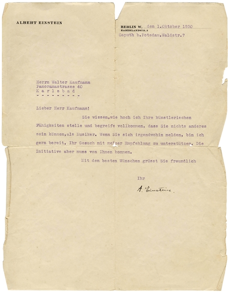 Albert Einstein Letter Signed to Composer Walter Kaufmann -- ''...You know how highly I esteem your artistic competencies...''